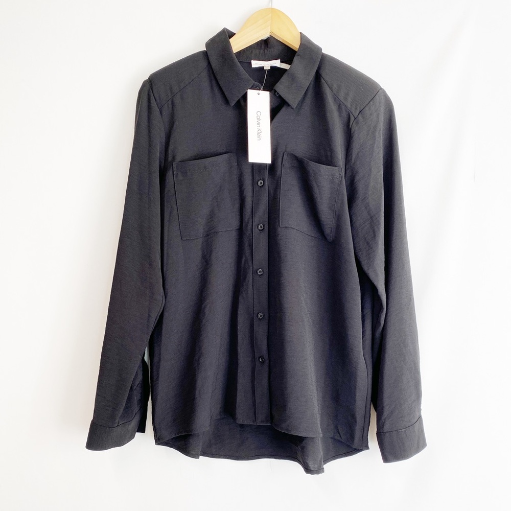 Calvin Klein Women’s long sleeve padded shoulder button down shirts black size S